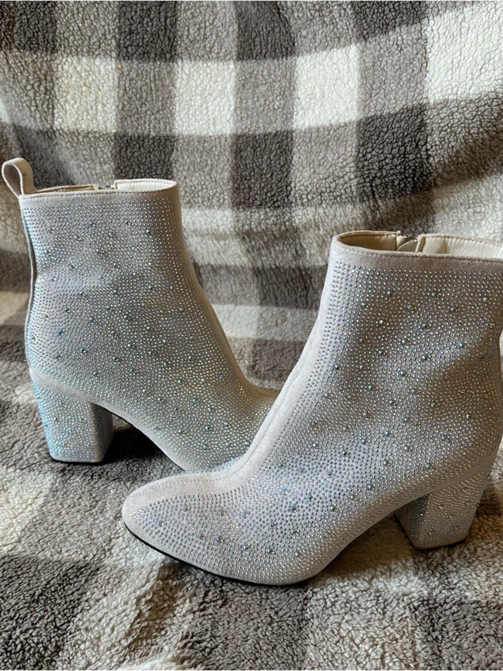 Sparkle Block Heel Ankle Boots in Cream Suede